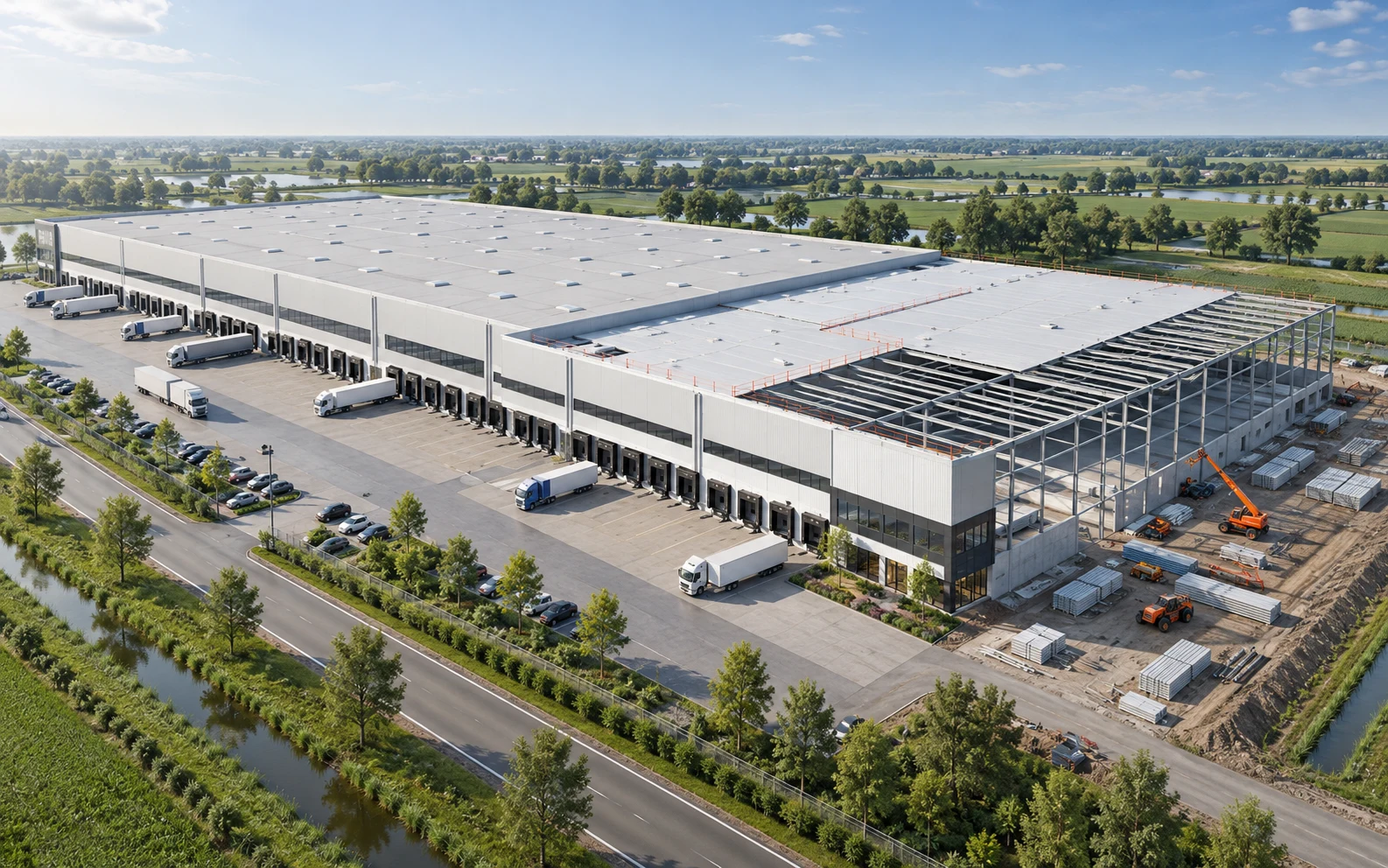 Illustratie van de ombouw van een logistiek centrum — gemaakt voor Panel Montage